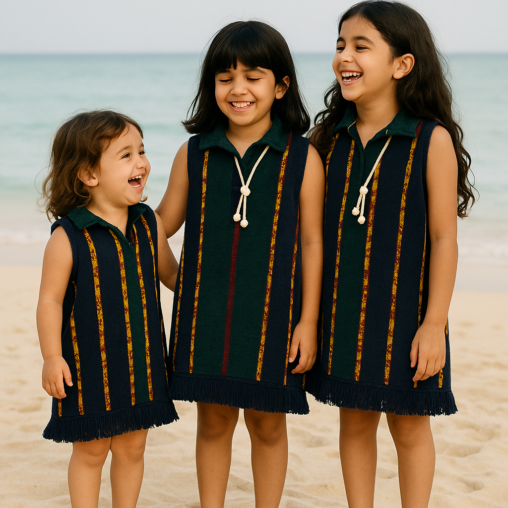 Three young girls in matching outfits standing on a beach.