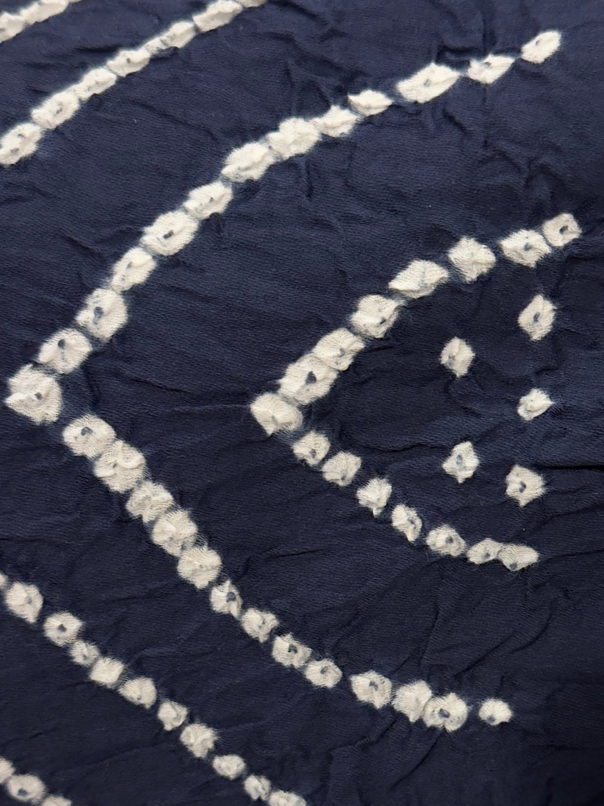 Navy blue fabric with white floral embroidery