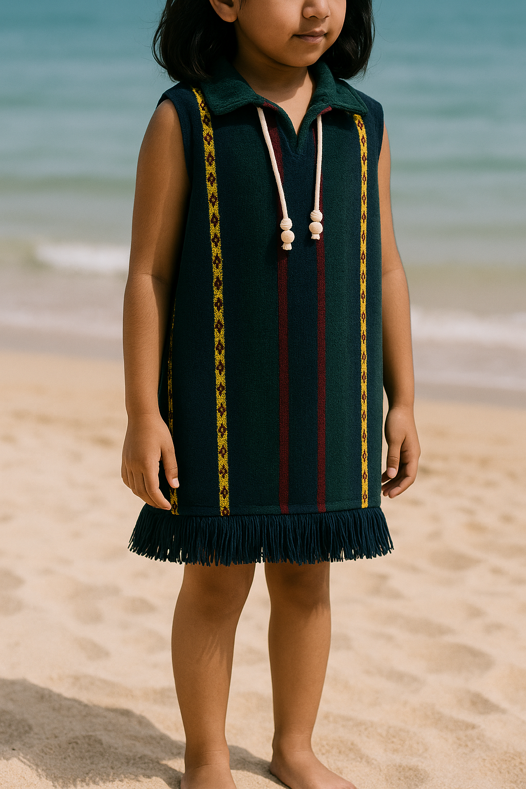 Young girl in a green dress with yellow and red patterns standing on a beach.