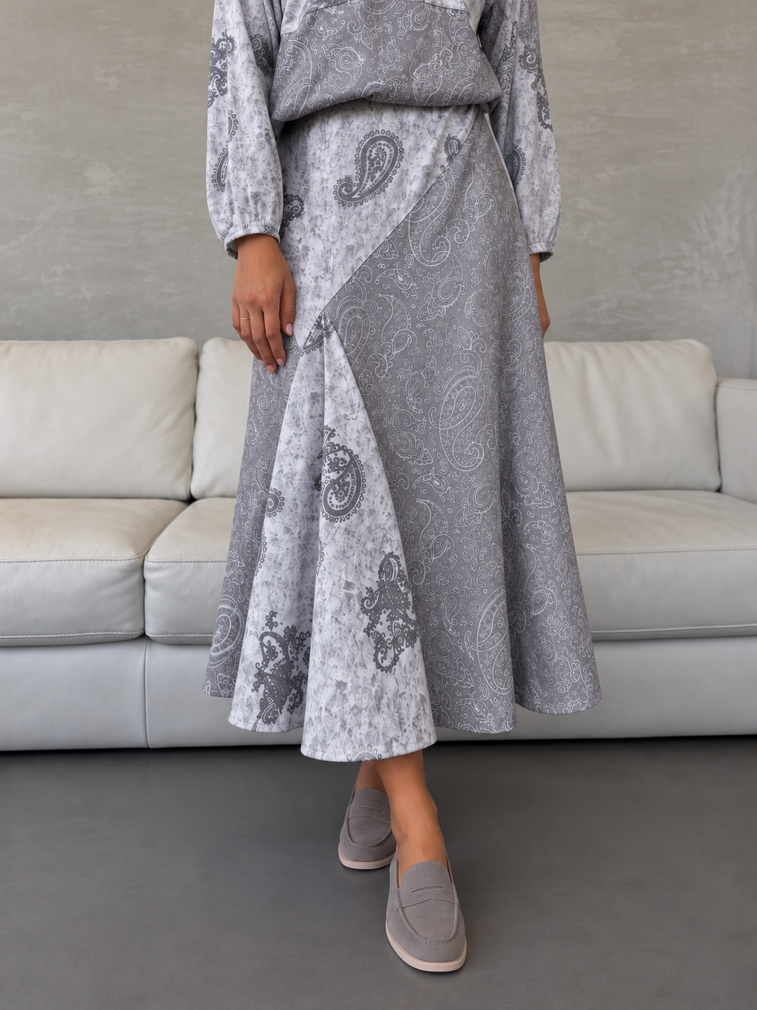 Grey Paisley Skirt (midi )