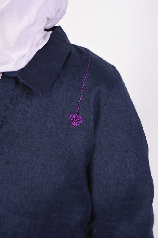 Lightweight navy blue summer top with purple heart embroidery, made from premium Indian linen.